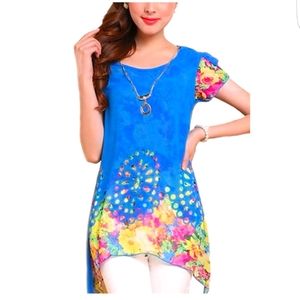 Blue watercolor Flower Chiffon high low blouse
